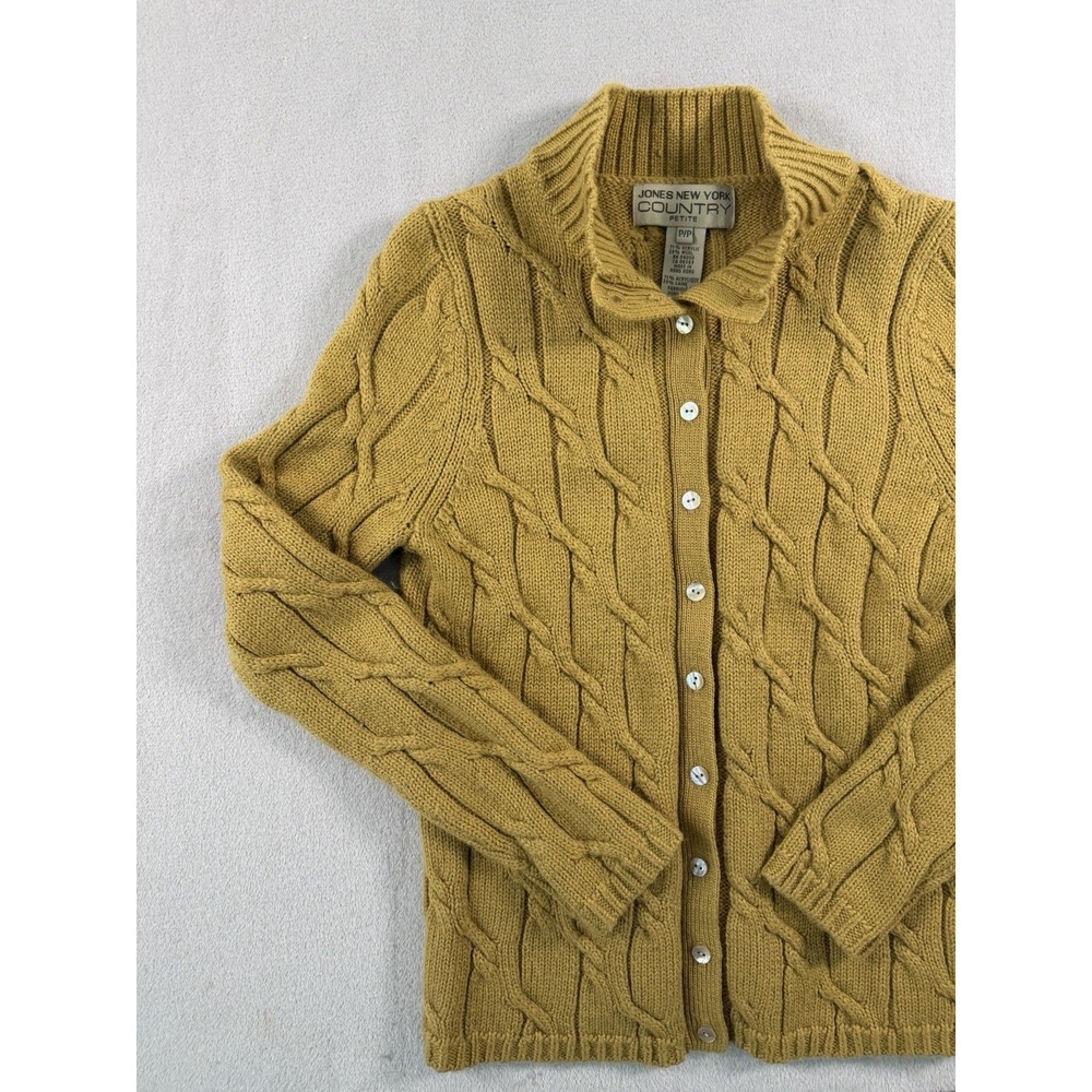 Vintage Jones New York Mustard‎ Yellow Cable Knit Cardigan Mock Neck Size P/S - Picture 6 of 11